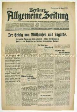 Tageszeitung "Berliner Allgemeine Zeitung" u.a. zu Kämpfen zwischen deutschen und französischen Truppen im Elsass