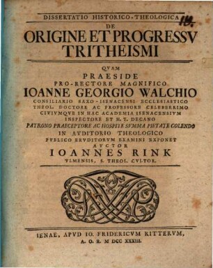 Dissertatio historico-theologica de origine et progressu tritheismi
