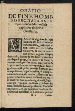 Oratio De Fine Hominis Recitata Ante repetitionem Methodi de capitibus doctrinae Christianae.