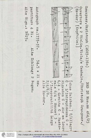 Ouverture a 2 Violin. Viola / e Cembalo. / Christoph Graupner.