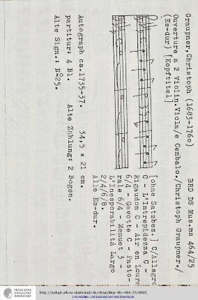 Ouverture a 2 Violin. Viola / e Cembalo. / Christoph Graupner.