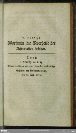 IX. Predigt. Worinnen die Vortheile der Reformation bestehen