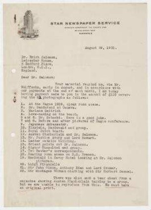 Brief von Star Newspaper Service, The Toronto Star, Toronto an Erich Salomon