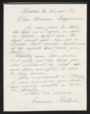 Brief von Jeanne Hettner an Gerhart Hauptmann