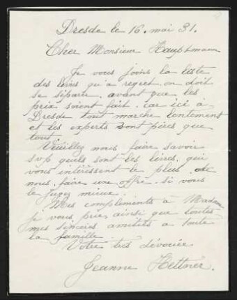 Brief von Jeanne Hettner an Gerhart Hauptmann