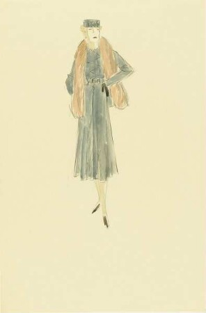 Dame in blauem Kleid mit Pelzumhang