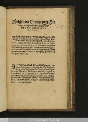 Folgen die Cammergerichts Urthel in diesen Sachen gesprochen/ den 9. Aprilis Stylo veteri, Anno 1605