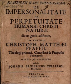 Diatriben Hanc Theologicam De Impersonalitate Et Perpetuitate Humanae Christi Naturae