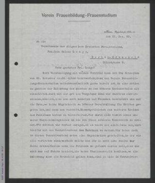 Antwortschreiben von Adelheid Steinmann auf Rundschreiben von Helene Lange vom 25. November