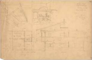 Thiersch, August ; Bauaufnahmen (deutsche Bauernhäuser u.a.) - Bauernhaus in Reichersbeueren bei Tölz (Grundriss, Teilansicht, Perspektiven)