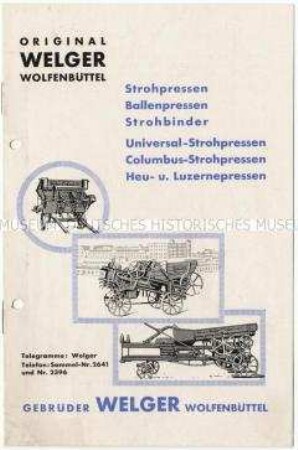 Katalog über Strohpressen und Strohbeförderer für Dreschmaschinen von der Firma Welger