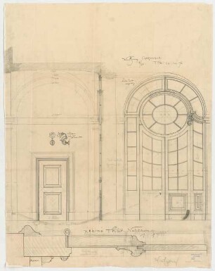 Thiersch, Friedrich von; München; Justizpalast - Windfang im Ostportal (Ansicht, Schnitt); Tür (Ansicht, Schnitt); Windarm für Osttreppe (Ansichten)