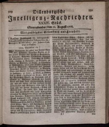 XXXIV. Stück. Sonnabends: den 22. August 1778.