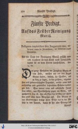 Fünfte Predigt. Auf das Fest der Reinigung Mariä.