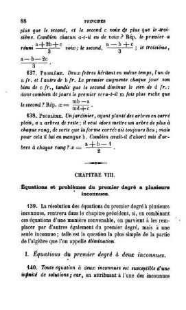 Chapitre VIII. Équations et problèmes du premier degré à plusieurs inconnues.