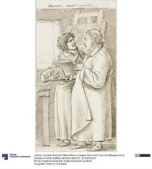 Älterer Mann in langem Rock und Frau mit Kaffeegeschirr in Händen vor einer Staffelei stehend