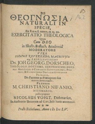 De Theognōsia Naturali In Specie, Ex Rom. I. comm. 18. 19. 20. Exercitatio Theologica