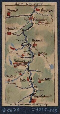 Übersichtskarte vom Lauf der Roten Weißeritz von Dippoldiswalde bis Hainsberg (Freital), aus J. F. W. Wegeners Mappe "Die rothe Weißeritz", 1. Theil, von 1837