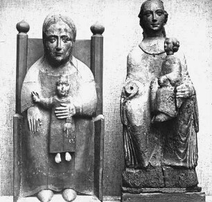 Köln, li u. re: Thronende Madonna mit Kind, Museum Schnütgen, li: vmtl. eine im 15. Jh. hergestellte Nachbildung eines Gnadenbildes aus 10. Jh., re: 11.Jh., im 14.Jh. umgearbeitet