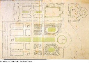 Potsdam, Stadtschloss, Garten, Entwurf, Grundriss : Potsdam, Stadtschloss, Garten, Entwurf, Grundriss, unbekannter Zeichner, um 1700. Feder, Pinsel in grün/Papier. 73,5 x 50,2 cm. Bez.: Oben rechts, jüngerer Vemerk (Tinte): "Großsedlitz Steche".