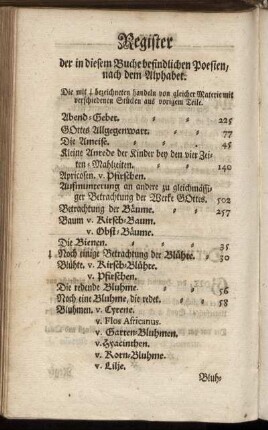 Register der in diesem Buche befindlichen Poesien, nach dem Alphabet