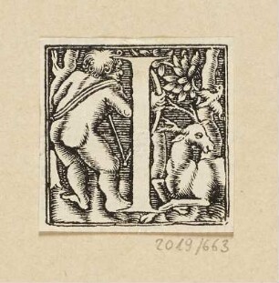 Buchstabe I, Kind mit Bogen zielt auf einen Hirsch, aus: "Römisches Majuskel-Alphabet"