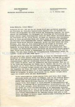 Offener Brief von Wilhelm Pieck an die Bürger der DDR anlässlich der Volkskammerwahlen 1950 (mit Kuvert)