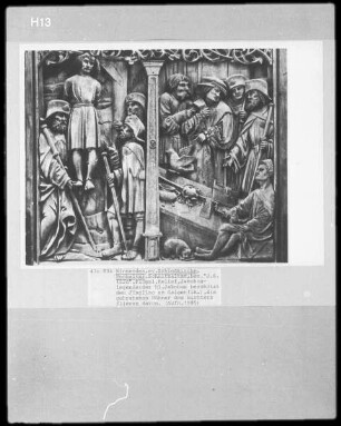 Hochaltar-Retabel — Legende des Heiligen Jakobus des Älteren — Legende des Heiligen Jakobus des Älteren — Schutz des Jünglings am Galgen und die gebratenen Hühner des Richters