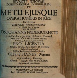 Dissertationem inauguralem de metu ejusque [eiusque] operationibus in iure