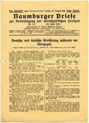 Konservatives Wochenblatt "Naumburger Briefe" mit einem Vergleich der Lebensmittelversorgung von Deutschen und Dänen während des Ersten Weltkrieges