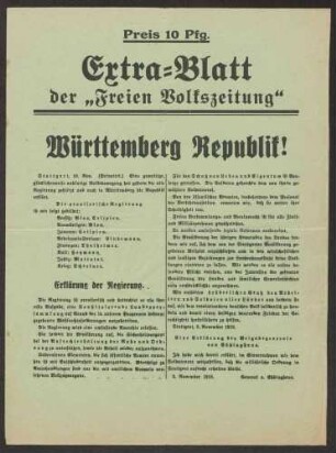 Sturz der Monarchie, Ausrufung der Republik "Württemberg Republik !" Provisorische Regierung Württembergs 30,5 x 23 cm