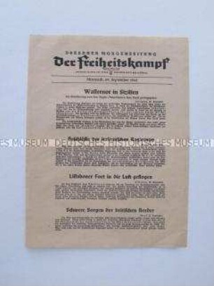 Nachrichtenblatt der sächsischen NSDAP-Zeitung "Der Freiheitskampf" mit Kurzmeldungen von verschiedenen Kriegsschauplätzen u.a. über die Wassernot in Sizilien