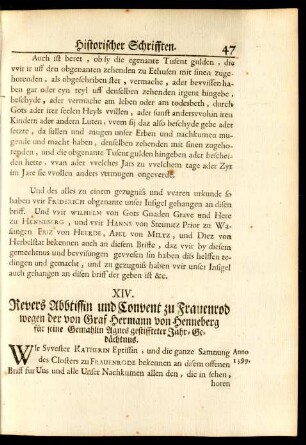 XIV. Revers Abbtissin und Convent zu Frauenrod wegen der von Graf Hermann von Henneberg für seine Gemahlin Agnes gestiffteter Jahr-Gedächtnus