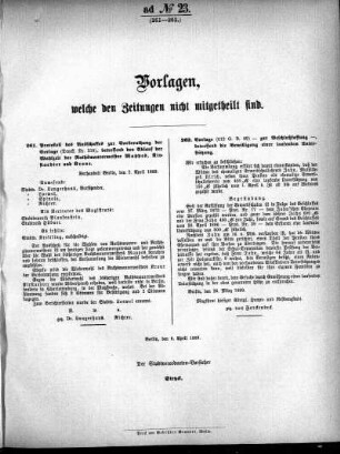 Anlage: ad No.23. (261-262.), Vorlagen, welche den Zeitungen nicht mitgeteilt sind