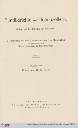 Fundberichte aus Hohenzollern. Beilage der Fundberichte aus Schwaben