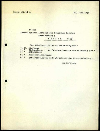 Schreiben (Abschrift); DAI Athen an AIDR (Bürobedarf)