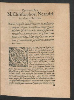 Oratiuncula M. Christophori Neandri Academiae Rectoris ...