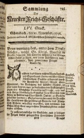 LVI. Stuck. Schwabach, den 22. November, 1756.