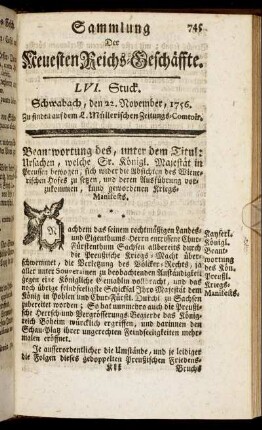 LVI. Stuck. Schwabach, den 22. November, 1756.