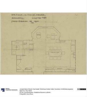 Darmstadt, Wohnhaus Keller, Halle, Grundriss mit Möblierungsplan