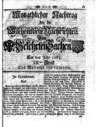 Monathliche Nachtrag [...] Auf das Jahr 1765 IXtes Stuck Des Monaths September