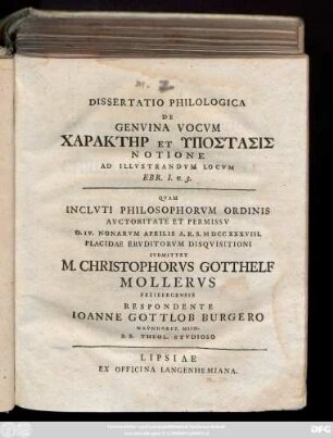 Dissertatio Philologica De Genvina Vocvm Charaktēr Et Ypostasis Notione Ad Illvstrandvm Locvm Ebr. I. v. 3.