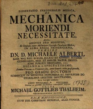 Dissertatio Inauguralis Medica, De Mechanica Moriendi Necessitate