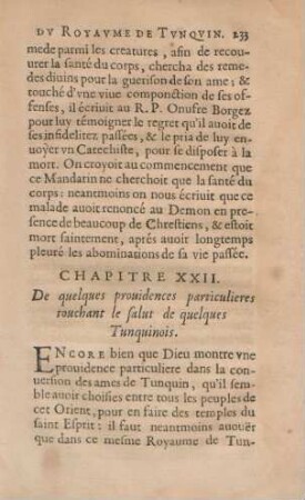 Chapitre XXII. De quelques providences particulieres touchant le salut de quelques Tunquinois