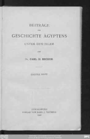 Heft 1: Beiträge zur Geschichte Ägyptens unter dem Islam