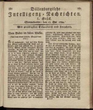 L. Stück. Sonnabends: den 13. Dec. 1794.