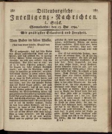 L. Stück. Sonnabends: den 13. Dec. 1794.