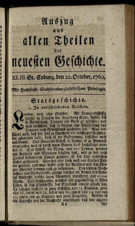 XLIII. St. Coburg, den 22. October, 1760.