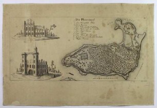 Plan der Pfaueninsel, Ansicht der Meierei und das Schloss mit Legende