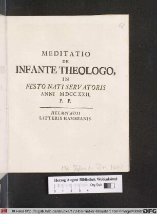 Meditatio De Infante Theologo In Festo Nati Servatoris Anni MDCCXXII. P. P